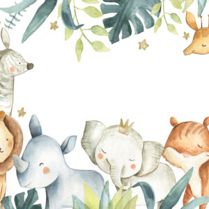 Safari,Animals,Watercolor,Illustration,With,Baby,Elephant,,Lion,,Zebra,,Giraffe,