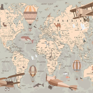 Childrens,Retro,World,Map,With,Balloons,And,Animals,For,Digital