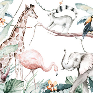 Watercolor,Illustration,Of,African,Animals:,Lemur,,Flamingo,And,Giraffe,,Toucan
