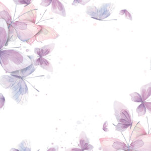 Lilac, pink and blue butterflies with splashes of paint. Watercolor illustration. Template from the collection of CATS AND BUTTERFLIES. For the design and decoration of prints, postcards, posters.