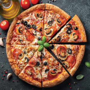 Tasty pepperoni pizza with mushrooms and olives.