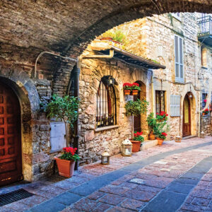 Charming,Floral,Decorated,Street,Of,Medieval,Towns,Of,Italy,,Umbria
