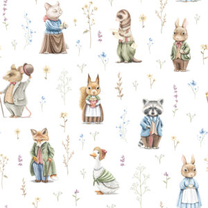 Watercolor seamless pattern with vintage cute animals in clothes and dried flowers