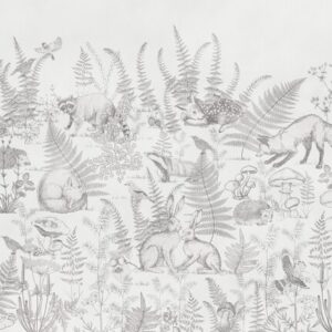 Wildanimals,Sketch,,Wallpaper,Mural,,Grey,Colors,,Botanical,Leaves,,Bunny,,Fox,