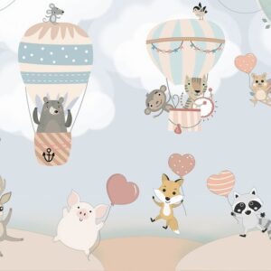 Scandi,Animals,,Hot,Air,Balloons,,Mural,Art,,Background,,Illustration,,Nursery,