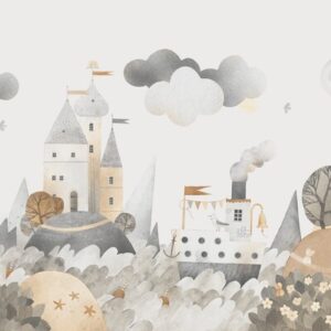 Watercolor,Landscape,,Hills,,Trees,,Sea,,Boat.,Wallpaper,For,Children’s,Room.