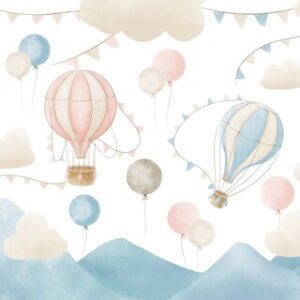 Baby,Wallpaper,With,Hot,Air,Balloons,And,Clouds.,Hand,Drawn