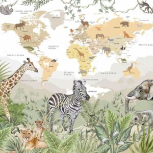 Kids,World,Map,Wallpaper,Mural,,Safari,Animals,,Botanical,Leaves,,Wall