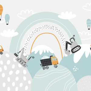 Vector children hand drawn cute construction cars, mountain landscape, balloons and clouds. Boho trendy design. Scandinavian. Illustration. Kids wallpaper design. Baby room design, wall decor, mural.