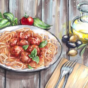 Illustration,Markers,Of,Italian,Food.,Spaghetti,,Olive,Oil,,Basil