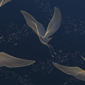 Dark blue art background with birds in gold line art style. Vect