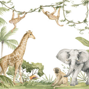 Watercolor,Composition,With,African,Animals,And,Natural,Elements.,Elephant,,Giraffe,