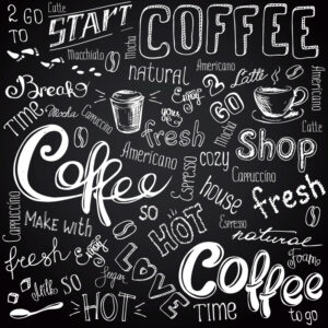 coffee to go, cups, mugs, beans and lettering types